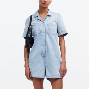 NWT Madewell Denim Utility Romper Short Sleeve Collared Fitzgerald Wash Size XXS
